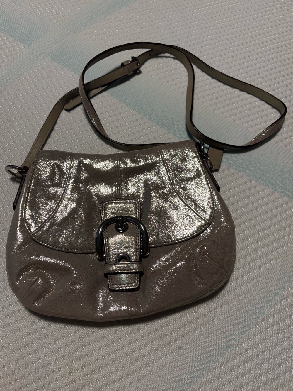 Shimmery Silver Crossbody Bag with Buckle Detail